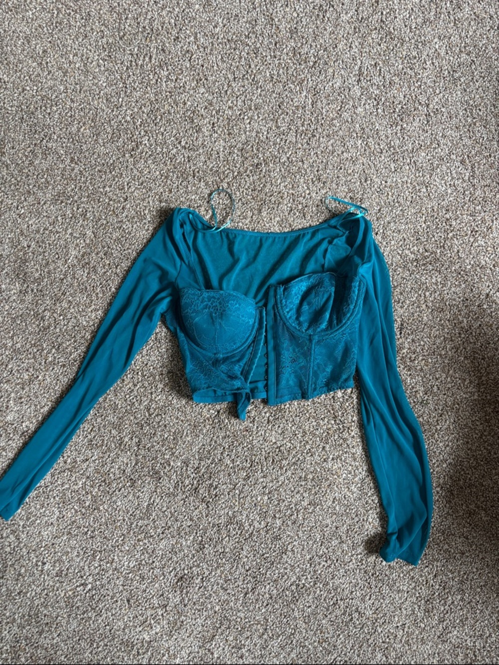 Teal Lace-Accent Long Sleeve Bustier Top - Women